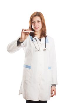 woman doctor showing a thermometer on a white background isolated