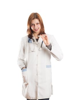Doctor shows a thermometer on a white background isolated