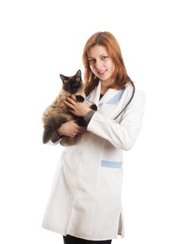 woman in medical uniform holding a cat on a white background isolated