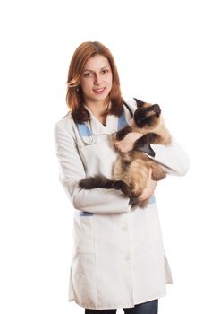 female in medical uniform holding a Siamese cat on a white background isolated