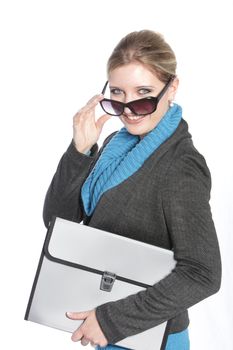 Smiling executive female holding a folder bag