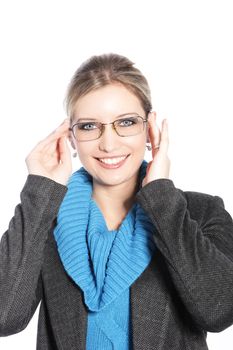 Close up shot of happy businesswoman wearing her glasses