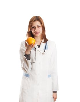 doctor offers an orange on a white background isolated