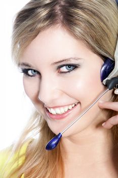 Beautiful call center agent in a happy gesture