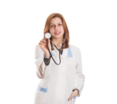 attractive female doctor with a stethoscope on a white background isolated