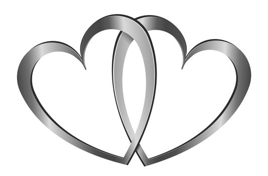 Illustration depicting two gold silver hearts arranged over white.