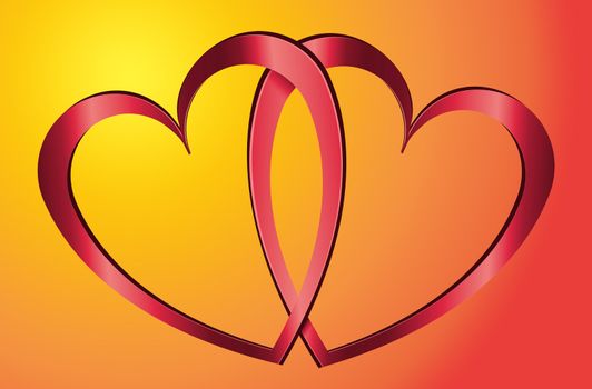Illustration depicting two metallic red hearts arranged over warm yellow and red blur background.