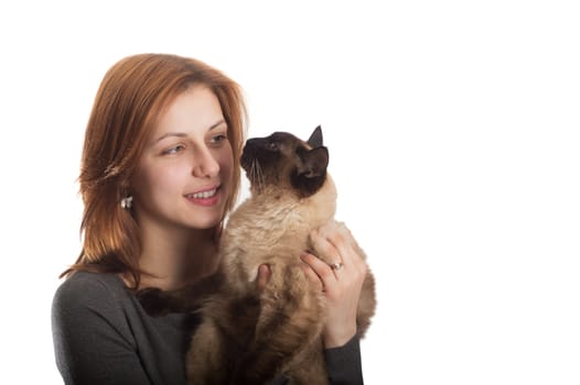 pretty girl and Siamese cat on a white background isolated