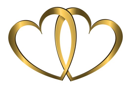 Illustration depicting two gold hearts arranged over white.