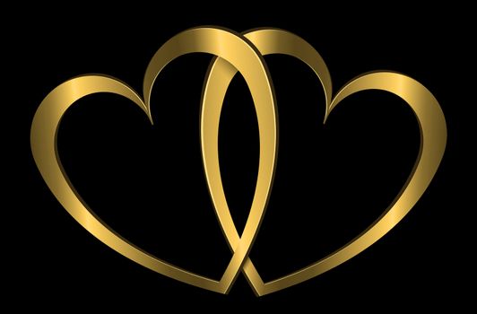 Illustration depicting two golden hearts arranged over black.