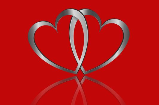 Illustration depicting two metallic hearts arranged over red.