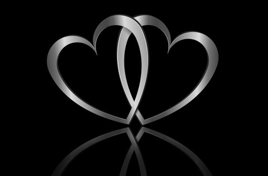 Illustration depicting two metallic hearts arranged over black.