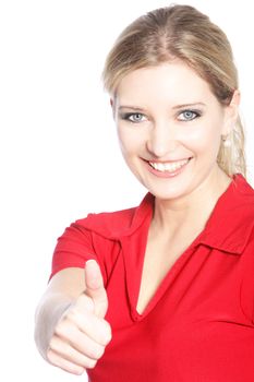 Beautiful happy woman in thumbs up gesture