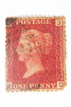 British penny red stamp on a white background.