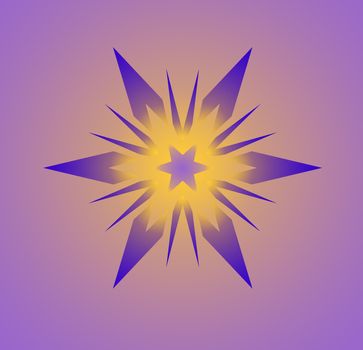 An abstract illustrated star shaped pattern done in gradients of gold to purple to give a glowing center.