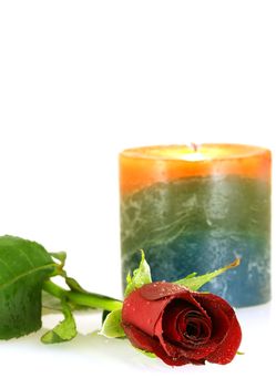 single red rose with droplets and burning candle over white background            