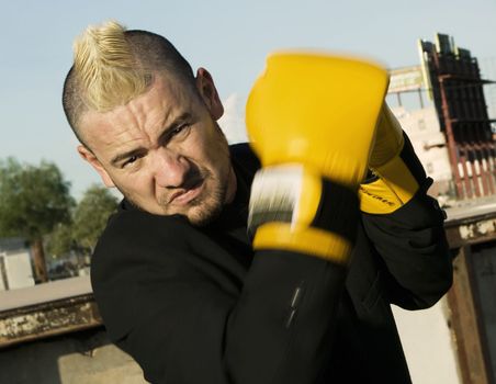 Businessman with punk hairdo and boxing gloves.
