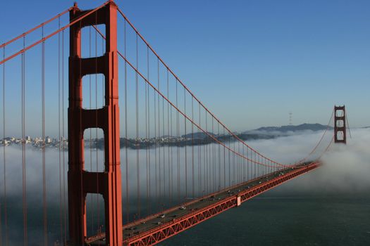 The iconic Golden Gate Bridge in San Francisco, California. Viewed from the Marin Headlands with the city of San Francisco in the background.
