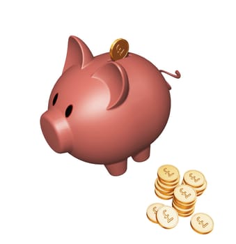 3D render of a piggy bank with pound coins