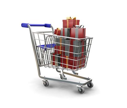 3D render of a shopping trolley full of Christmas presents