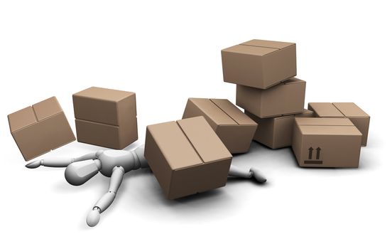 3D render of a man under a pile of fallen boxes