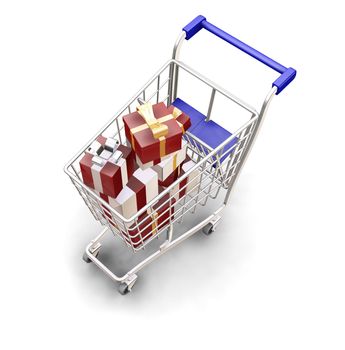 3D render of a shopping trolley full of Christmas presents