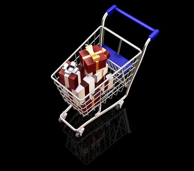 3D render of a shopping trolley full of Christmas presents