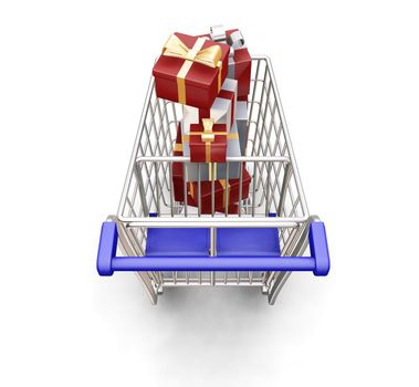 3D render of a shopping trolley full of Christmas presents