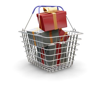 3D render of a shopping basket full of Christmas presents