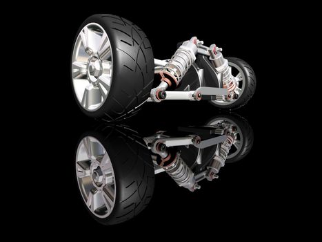 3D render of car suspension with wheel