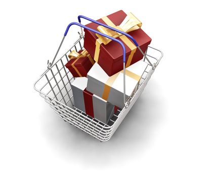 3D render of a shopping basket full of Christmas presents