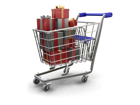 3D render of a shopping trolley full of Christmas presents