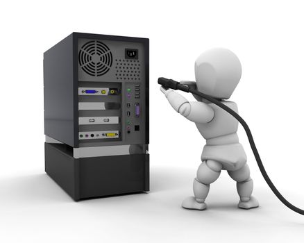 3D render of someone plugging a cable into a computer