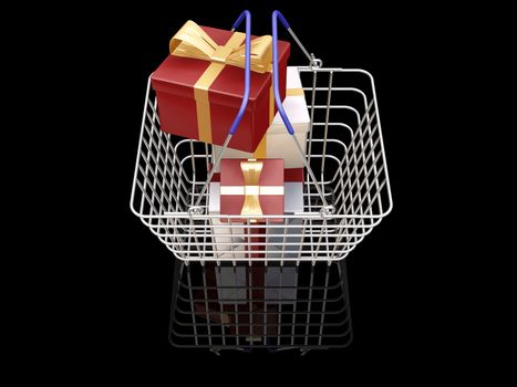 3D render of a shopping basket full of Christmas presents