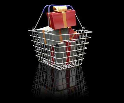 3D render of a shopping basket full of Christmas presents