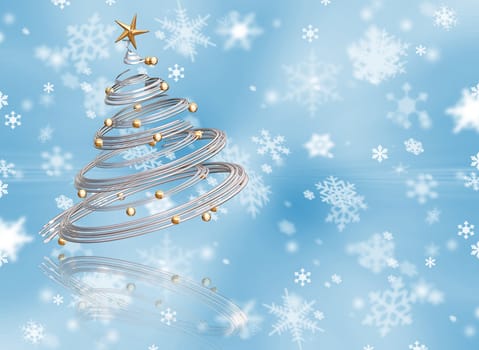 3D render of a metallic Christmas tree on a snowflake background