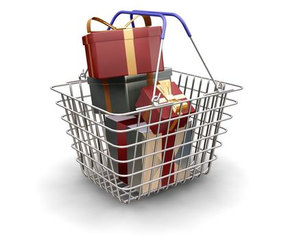 3D render of a shopping trolley full of Christmas presents