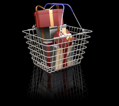 3D render of a shopping basket full of Christmas presents