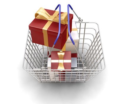 3D render of a shopping basket full of Christmas presents