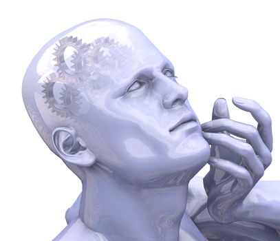 3D render of a mans head with gears 