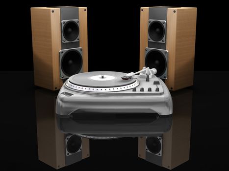 3D render of a turntable and speakers