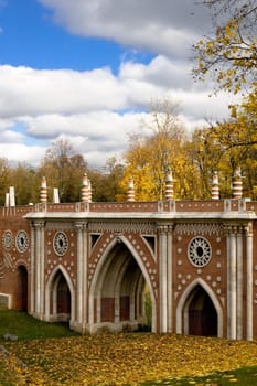 Pink bridge in the autumn park
