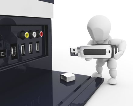 3D render of someone plugging in a USB pen in a computer