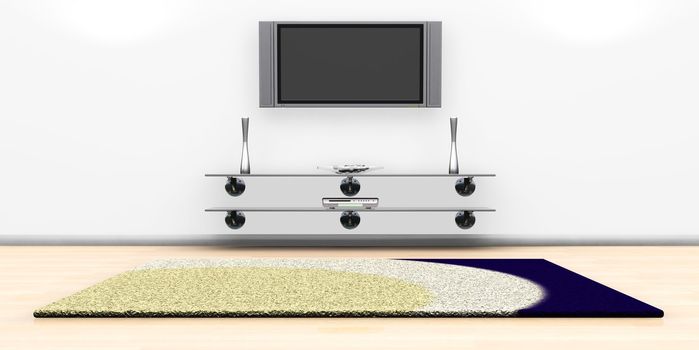 3D render of a tv screen on a wall in a modern lounge