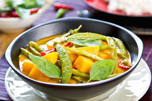 Pumpkin with green bean and snap pea red curry