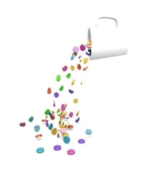 Multicolored Pills fall from cup