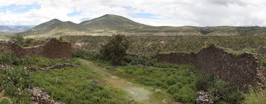 Panorama of ancient wall built by indigenous Wari people, a Middle Horizon civilization that flourished in the south-central Andes and coastal area of modern-day Peru, from about CE 500 to 1000.
