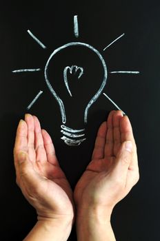 Light bulb drawn with chalk on blackboard with hands holding it