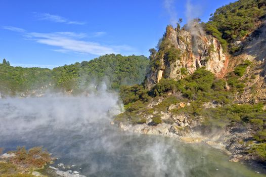 Volcanic rock outcrop in front of boiling lake, Waimangu, New Zealand