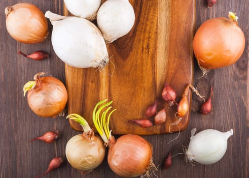 Different varieties of onions on a kitchen board and wooden surface